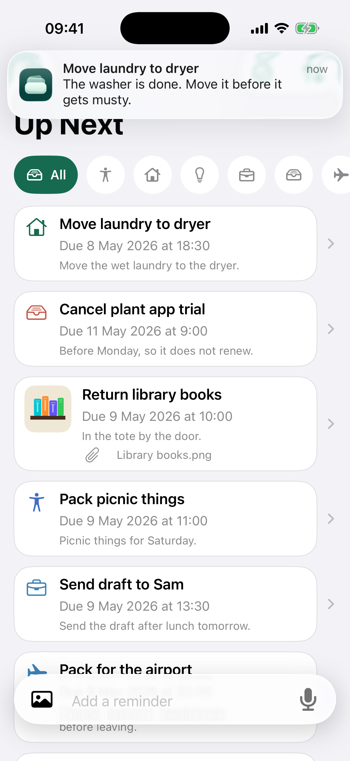 NotNow home screen with a laundry reminder notification