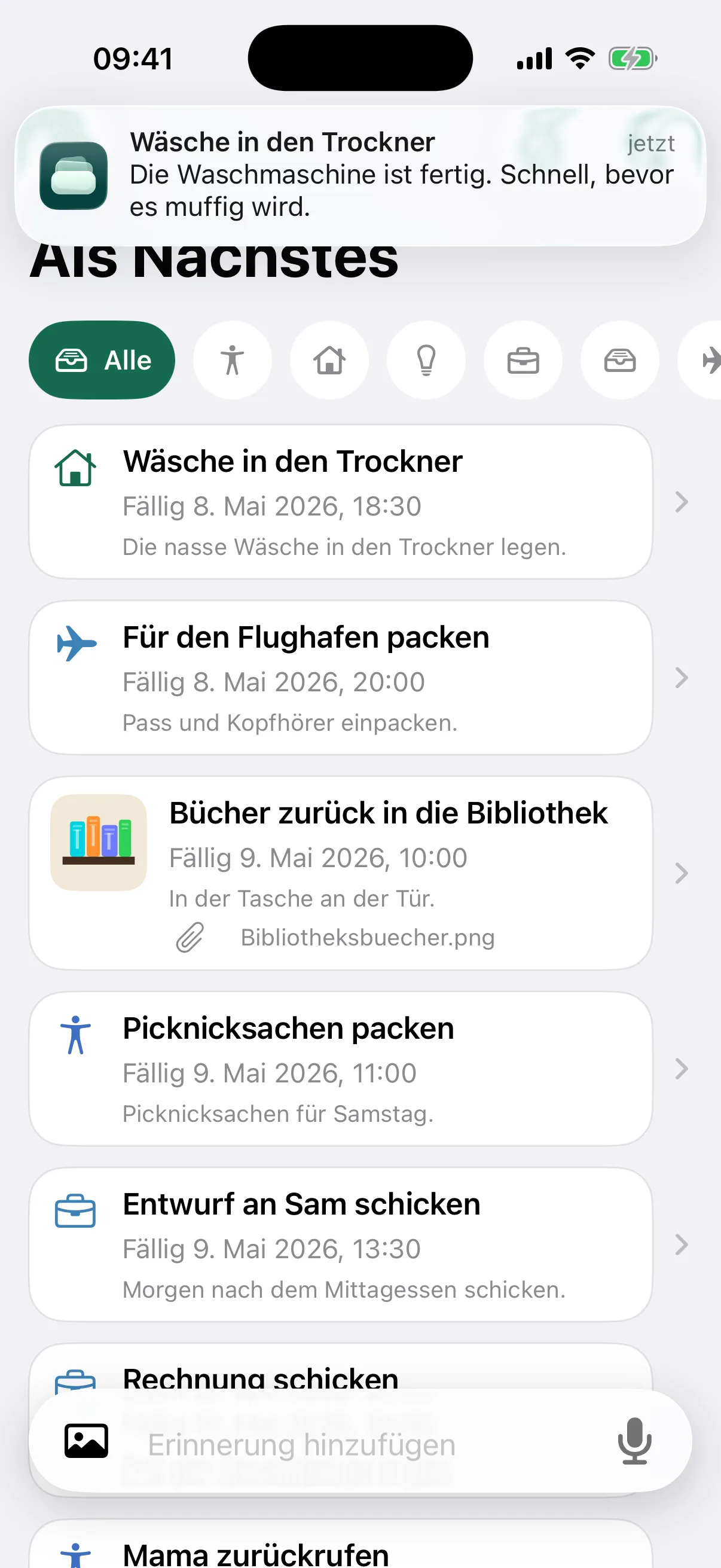 NotNow home screen with a laundry reminder notification