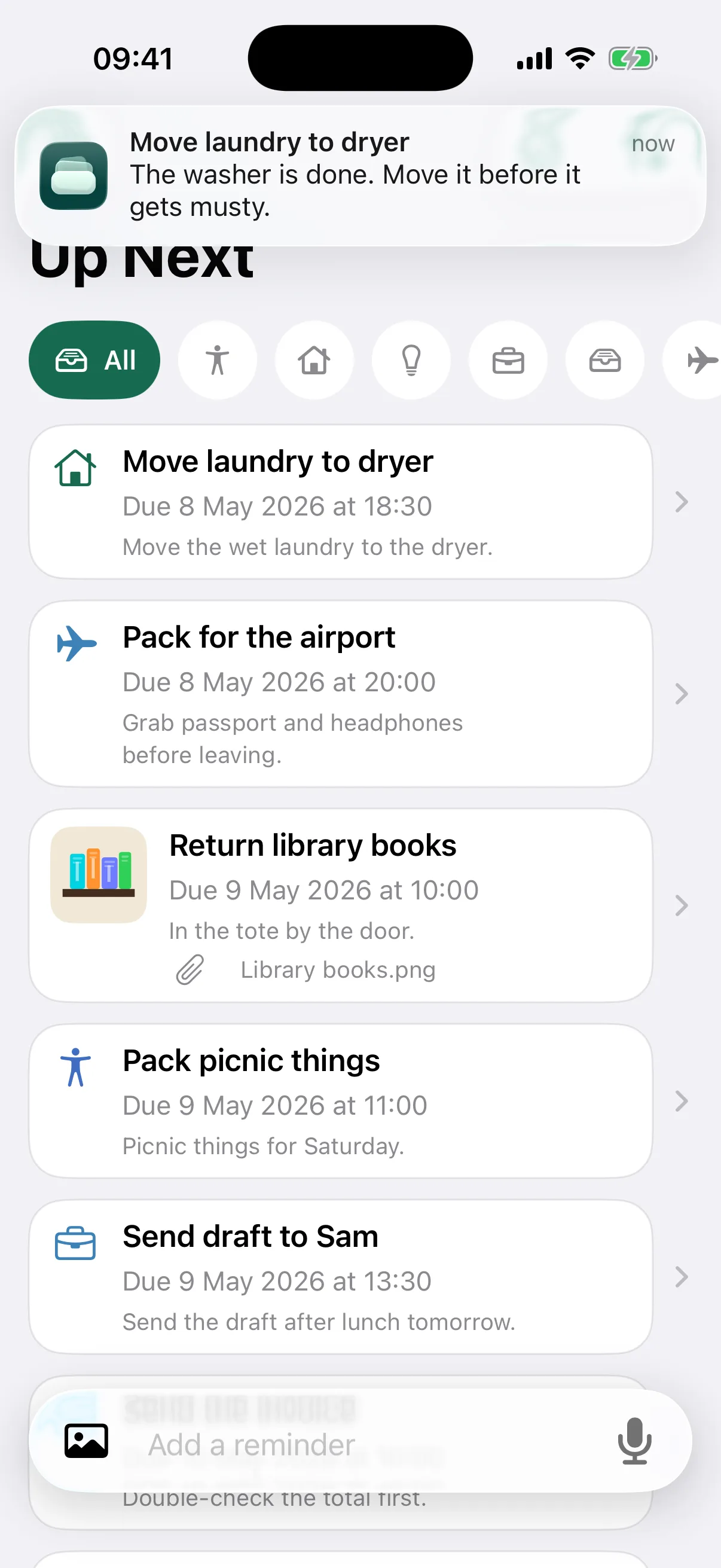 NotNow home screen with a laundry reminder notification