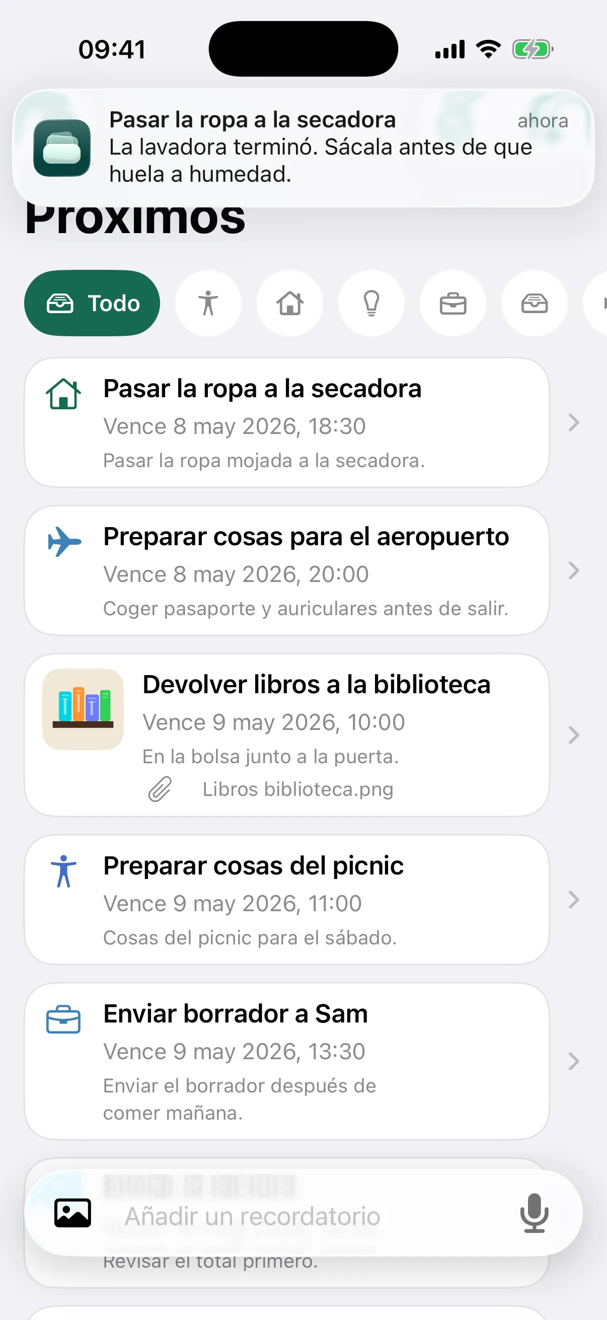 NotNow home screen with a laundry reminder notification