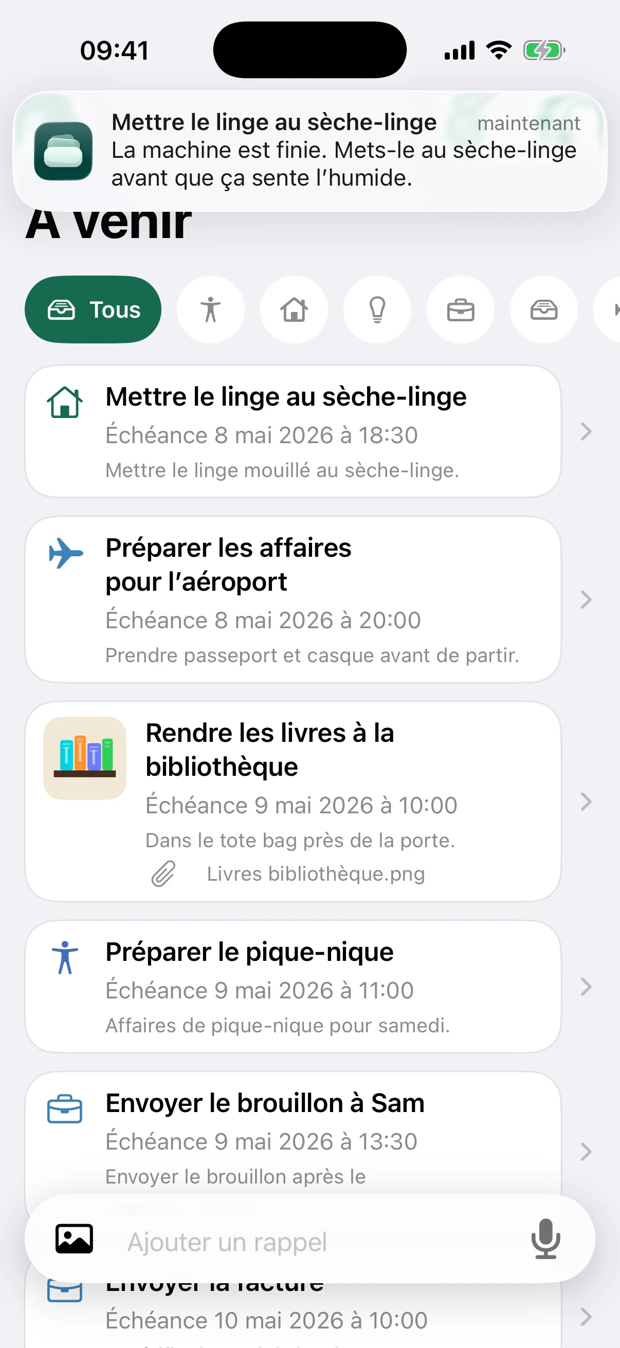 NotNow home screen with a laundry reminder notification