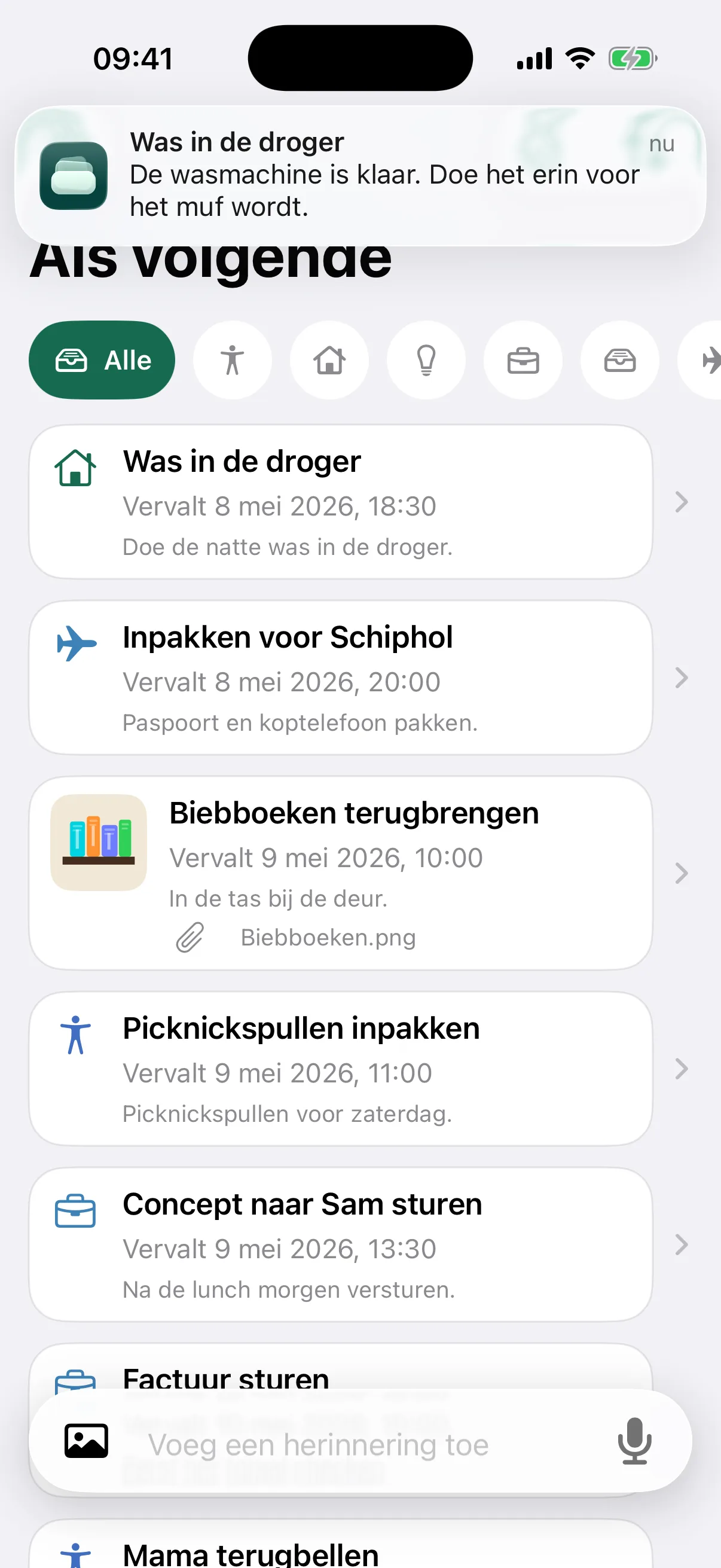 NotNow home screen with a laundry reminder notification