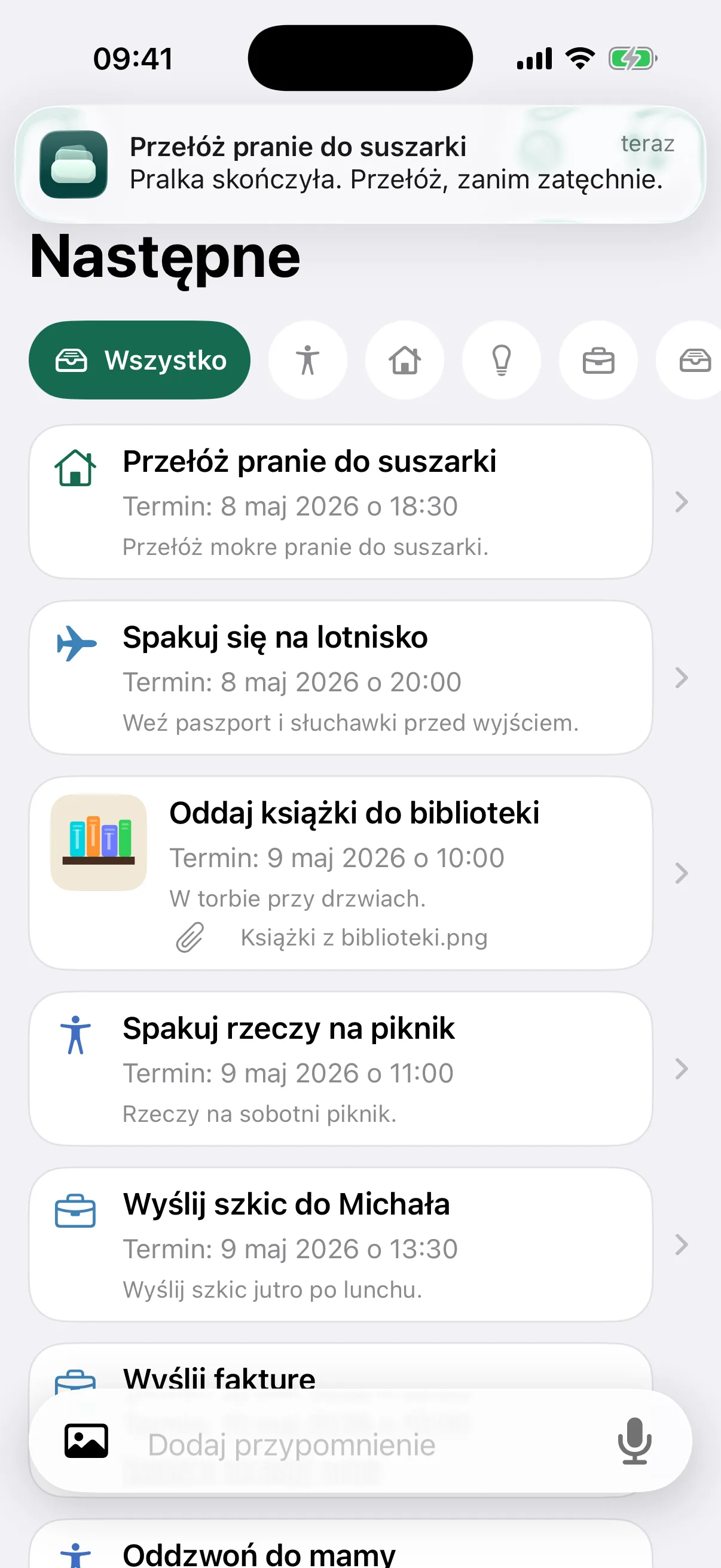 NotNow home screen with a laundry reminder notification
