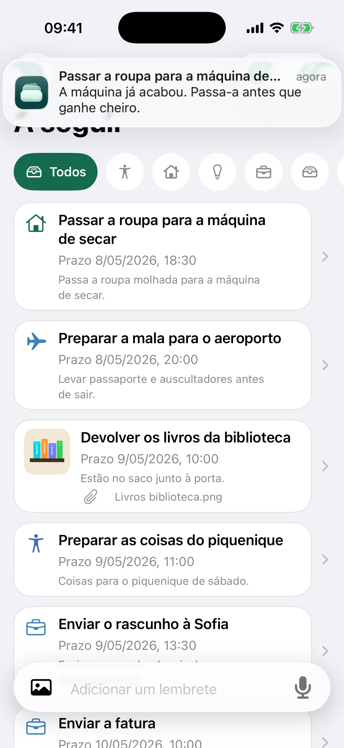 NotNow home screen with a laundry reminder notification