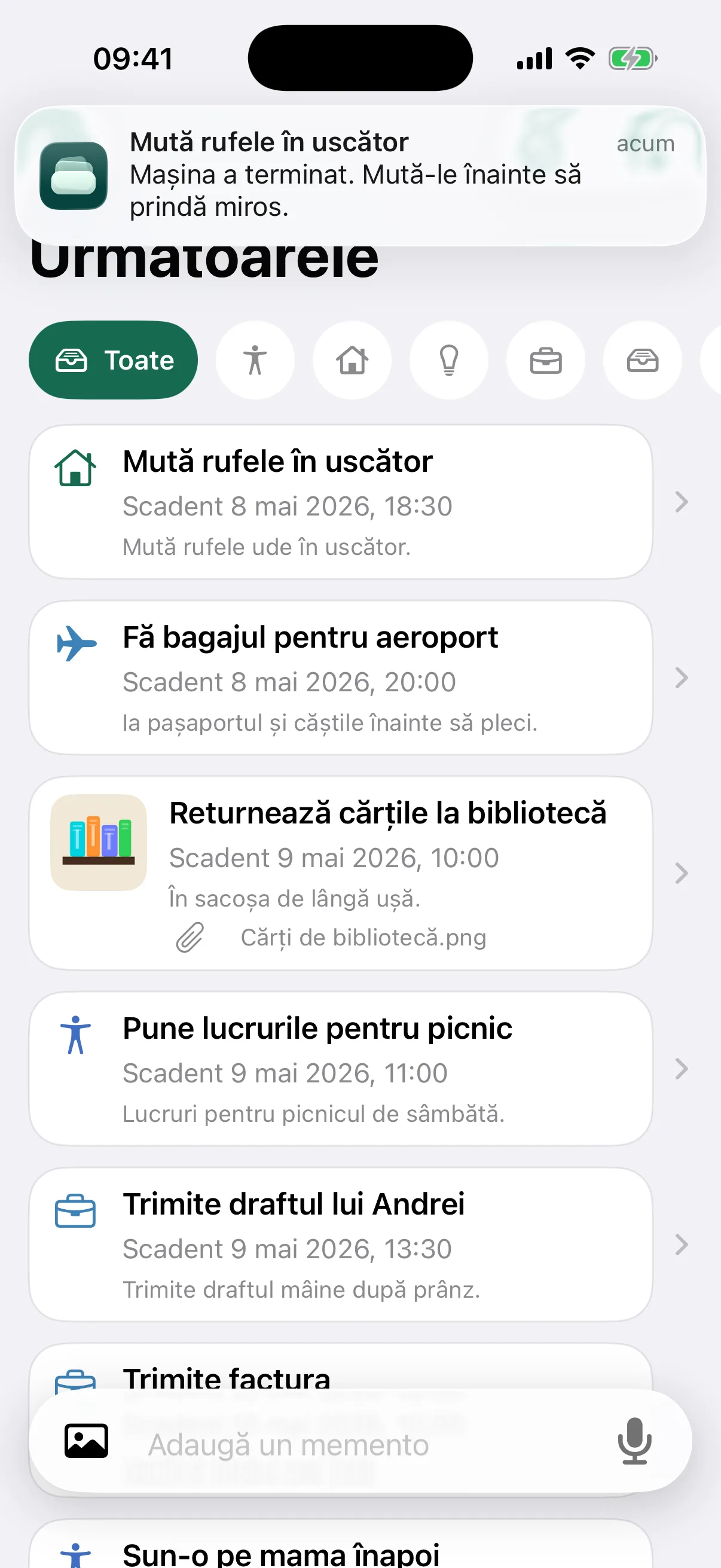 NotNow home screen with a laundry reminder notification