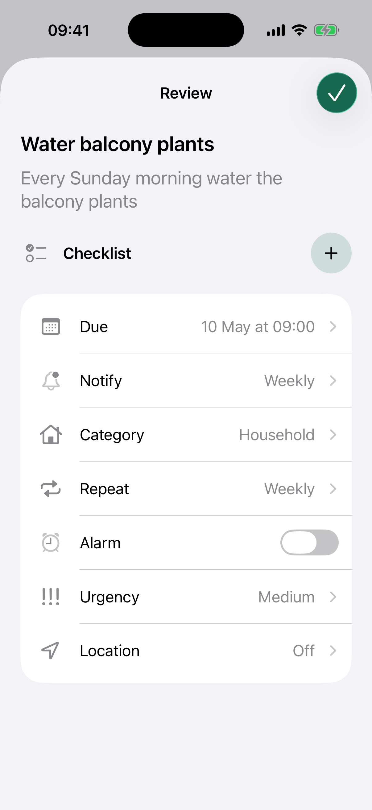 NotNow review screen for a plant reminder